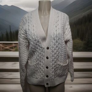 ST. GEORGE Women's Cable Knit Fisherman Cardigan Sweater Ivory Small 90% Wool